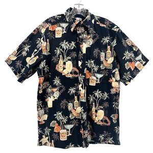 Pierre Cardin Mens Black Tropical Cocktail Palm Tree Print Cotton Shirt Medium